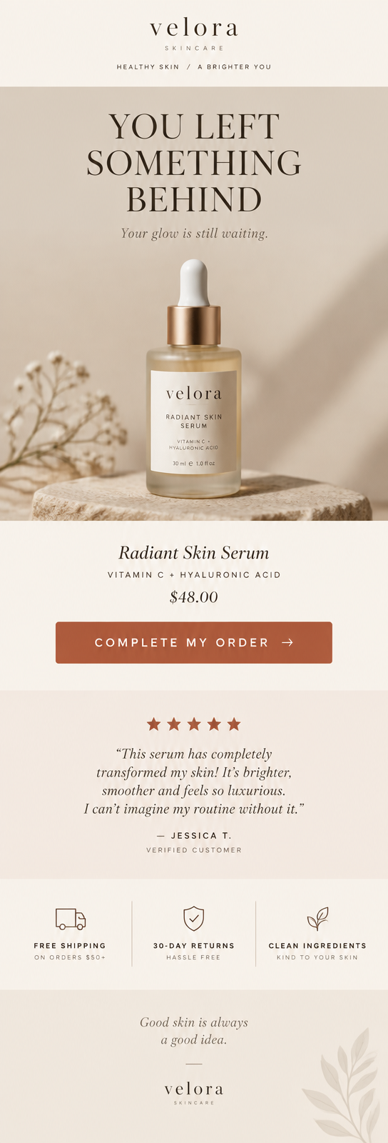 Abandoned cart email design for a skincare brand