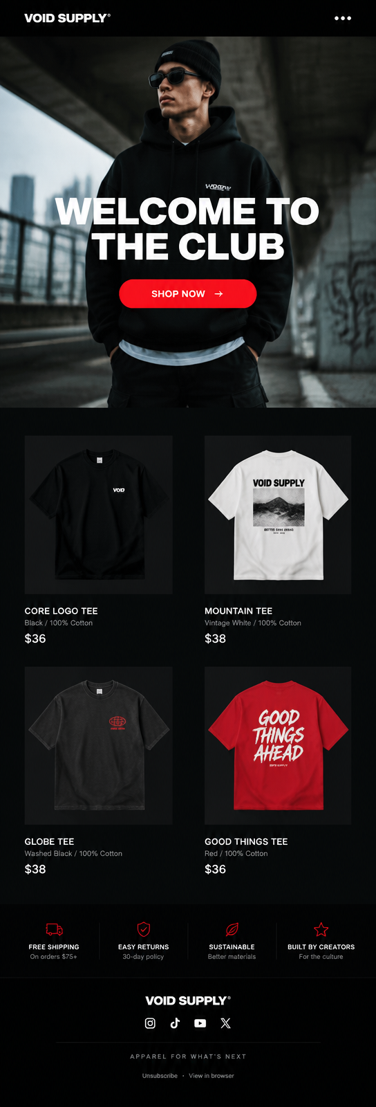 Welcome flow email design for an apparel brand